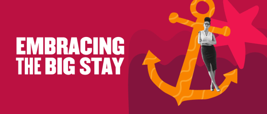 Embracing the Big Stay, a confident woman stands beside a vibrant anchor illustration on a bold background., confident woman, vibrant anchor illustration
